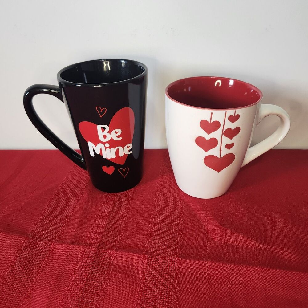 Burton + Burton Valentine's Day Hearts Mug Set of 2 "Be Mine" Black White Red